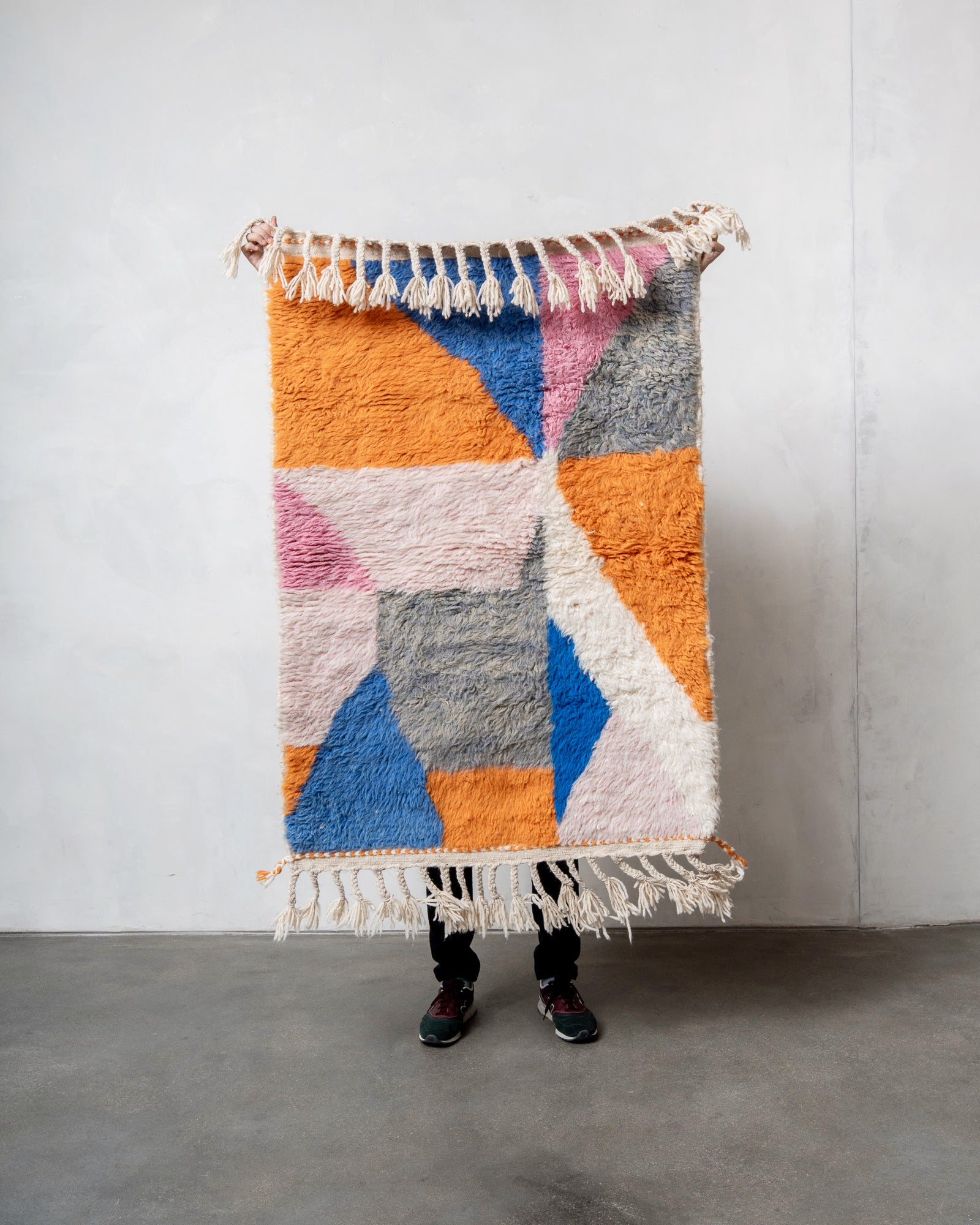 Modern, designer, handcrafted Berber rug from Morocco. Beniourain carpet with beautiful colours and patterns and fluffy wool texture.